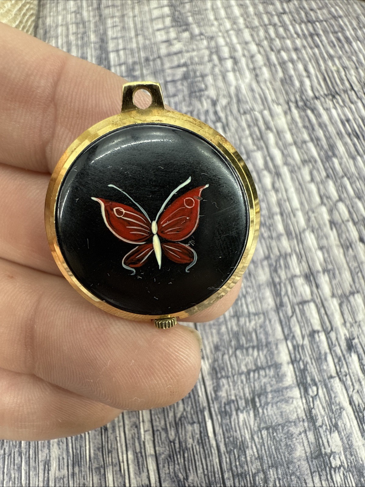 Waltham Vintage Ladies Hand Painted Butterfly Pendant Watch wind up Tested Works