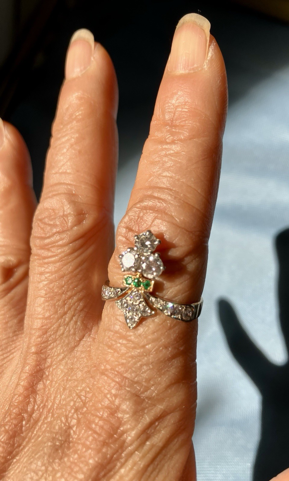 Art Deco French Duchess 18K Diamond And Emerald Ring