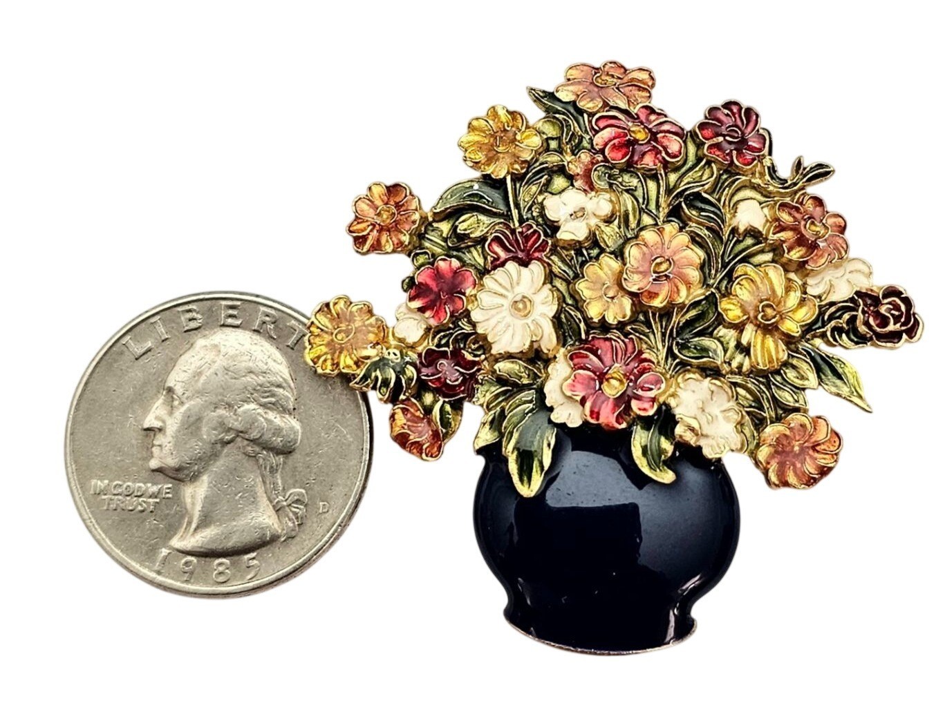 MFA Vase of Flowers Brooch, Multi-Colored Enamel Bouquet Pin Signed J790
