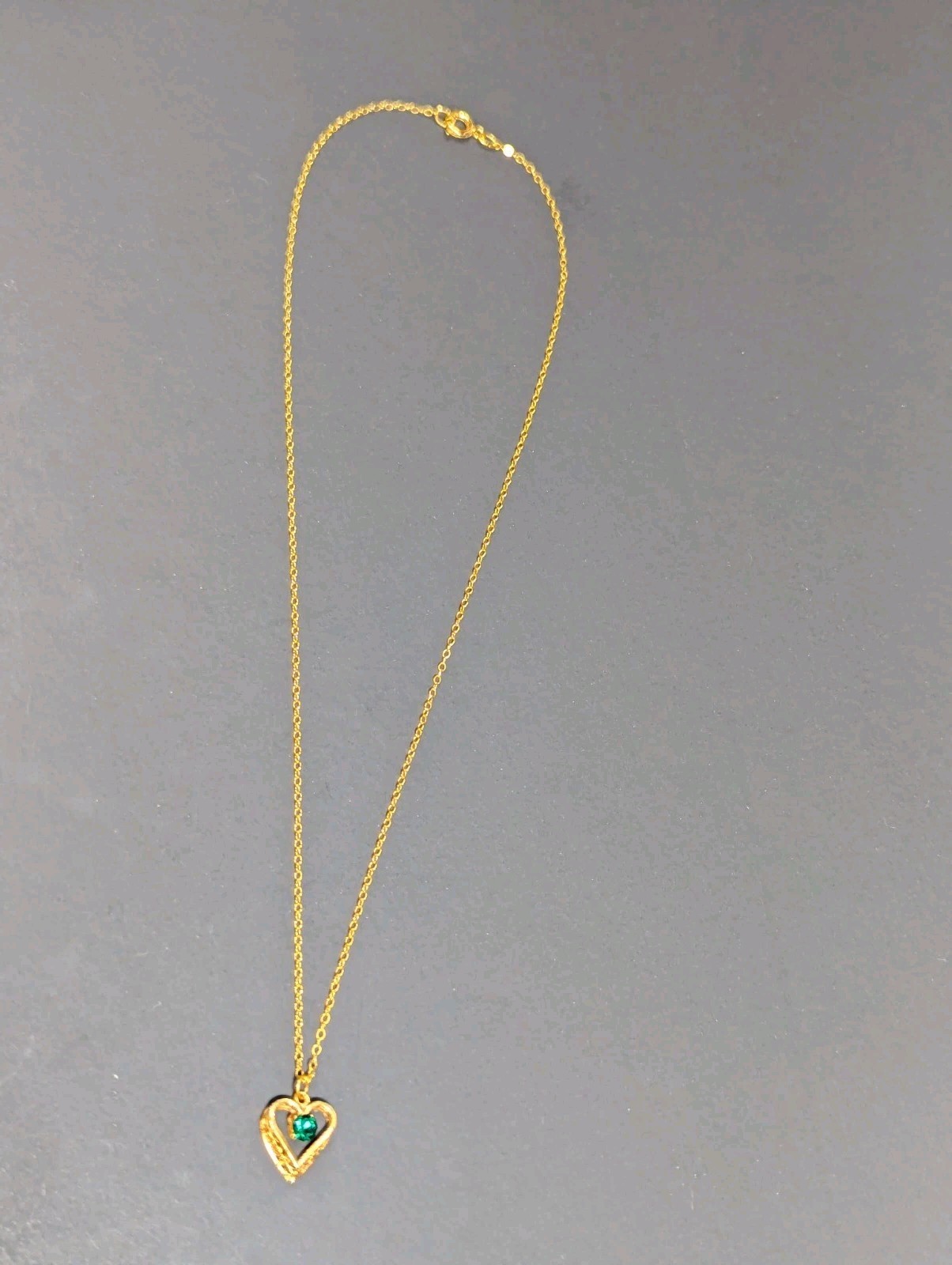 Vintage Gold Filled Chain Necklace 16″ Emerald Filigree Heart Pendant May