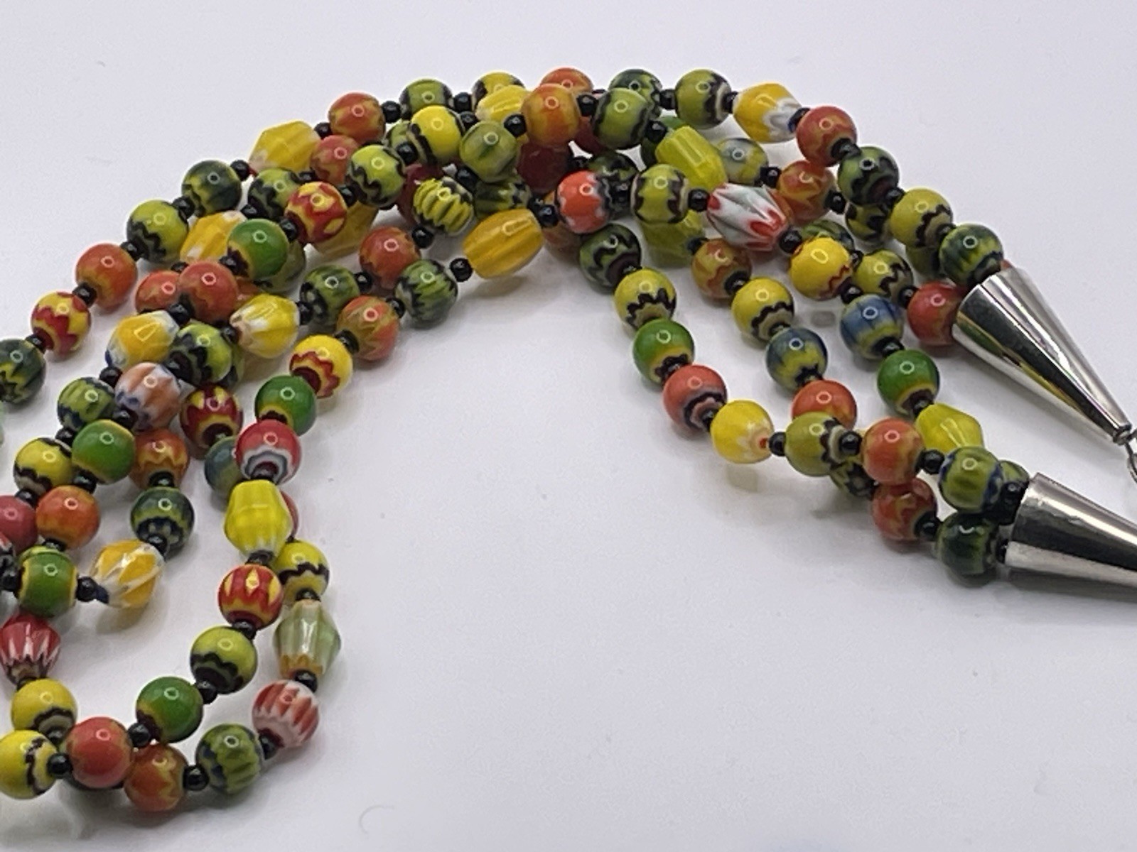 Vintage Glass Chevron Beads Three Strands Multicolor Silver Tone 19 3/4″