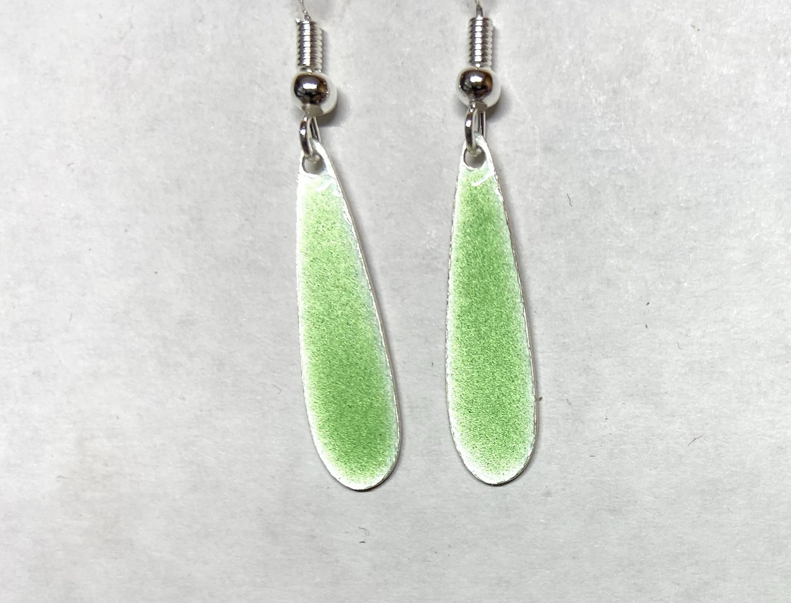 Vintage Lime Green enamel on Silver Teardrop Dangle Pierced Earrings- 1″ long