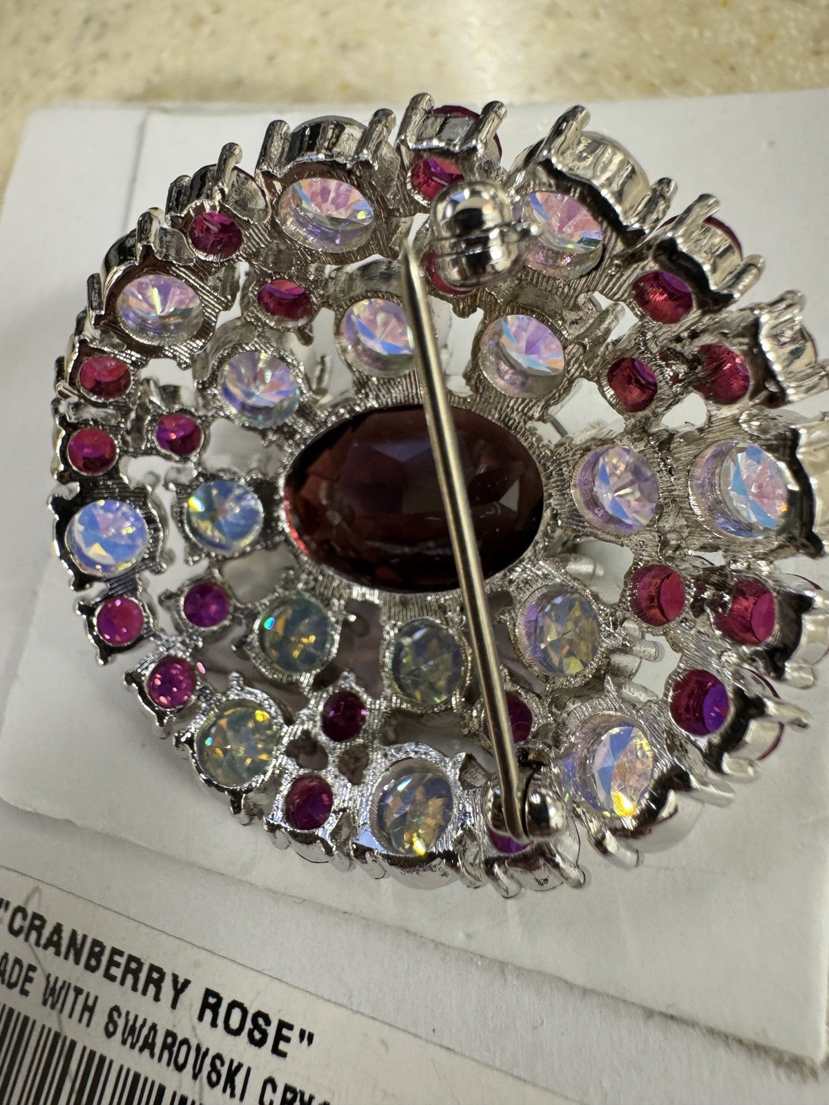 Stunning “Cranberry Rose” Brooch Made With Multi Colored Swarovski Crystals