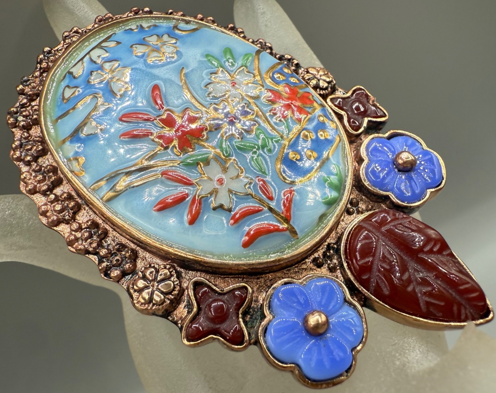 AMY KAHN RUSSEL SIGNED BRONZE ENAMEL STONE STATEMENT PENDANT BROOCH ROSE GOLD