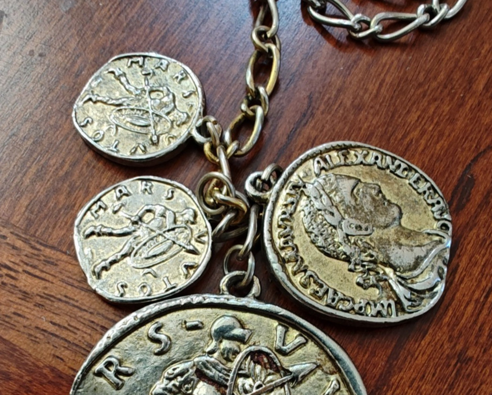 Vintage Coin Charm Necklace Greek Roman Dangles Gold Tone Chain 30″