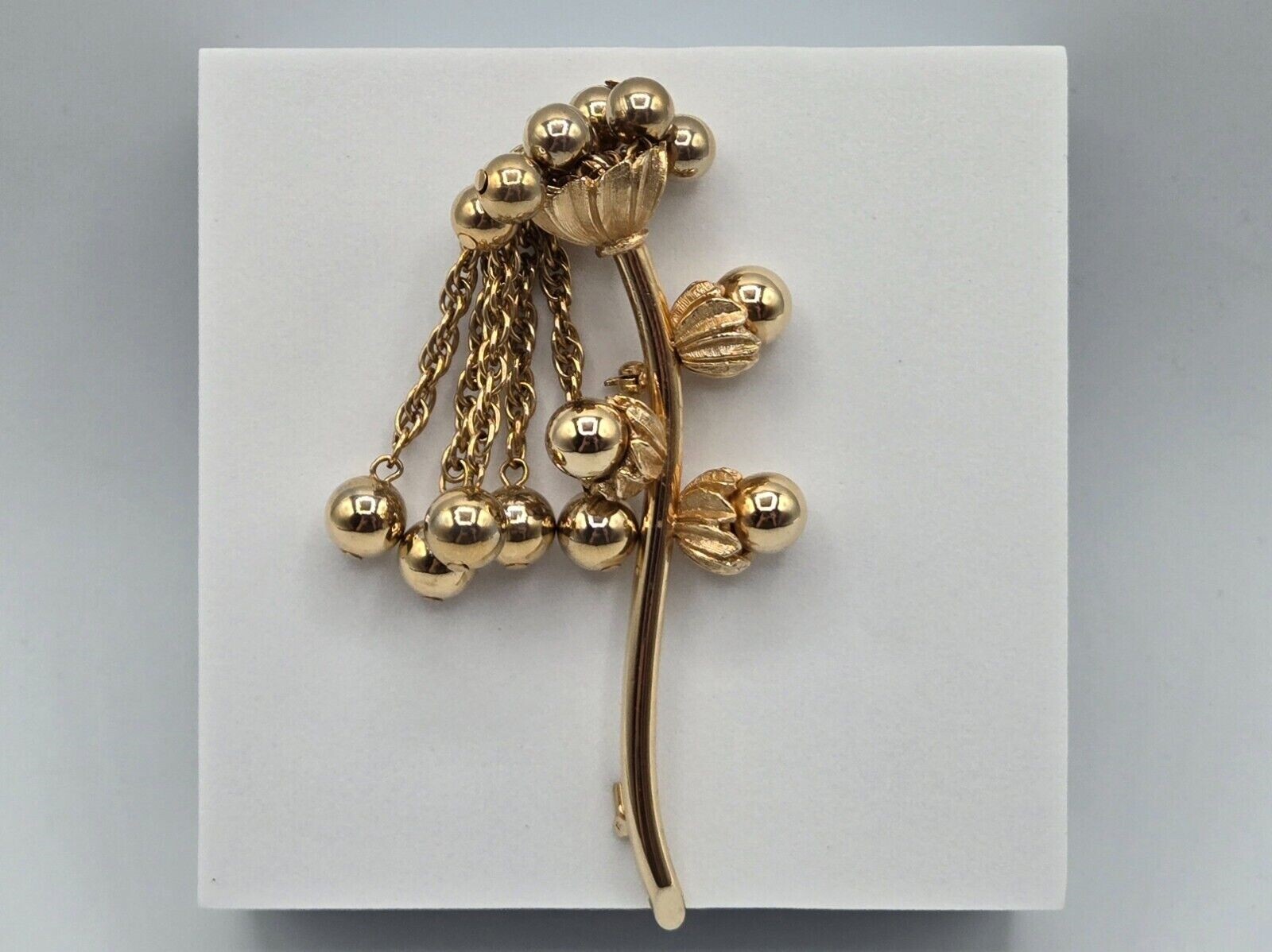 Flower Stem Brooch Gold Tone W/ Chain Tassels & Beads Unsigned Large 3D