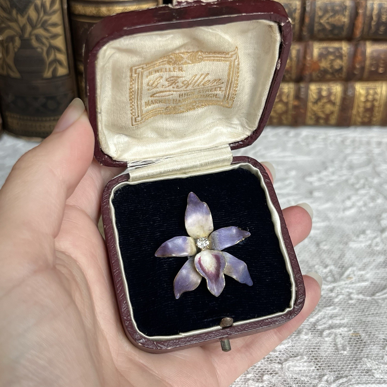 Antique Art Nouveau 14k Purple Enamel Diamond Orchid Brooch Pendant Original Box