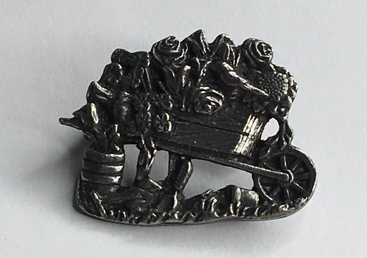 Birds & Blooms Brooch Pin Pewter Flower Wheelbarrow Granny Cottage Fairycore