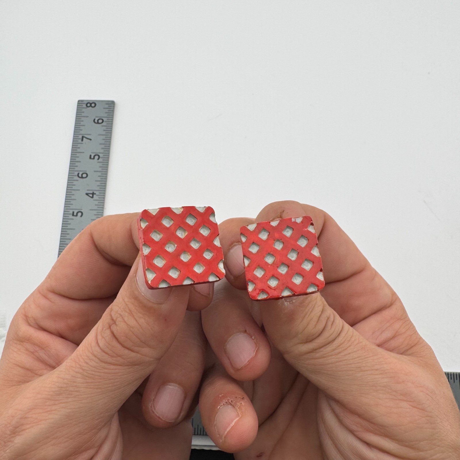 Vintage Red Silver Tone Geometric Square Stud Earrings Pierced 3/4 In