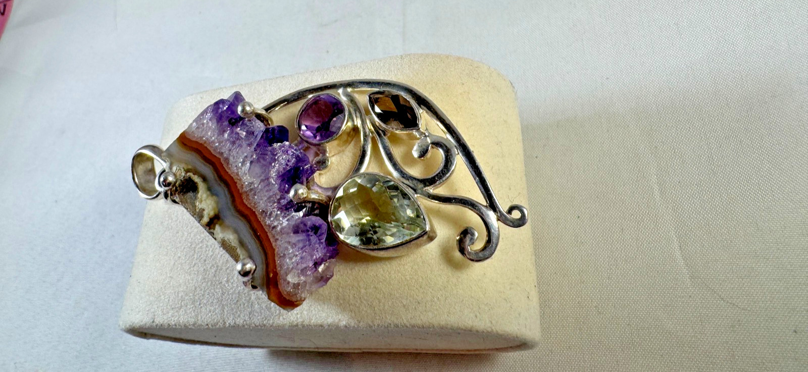Vintage SJ Modernist sterling silver Purple Agate and crystal geode pendant