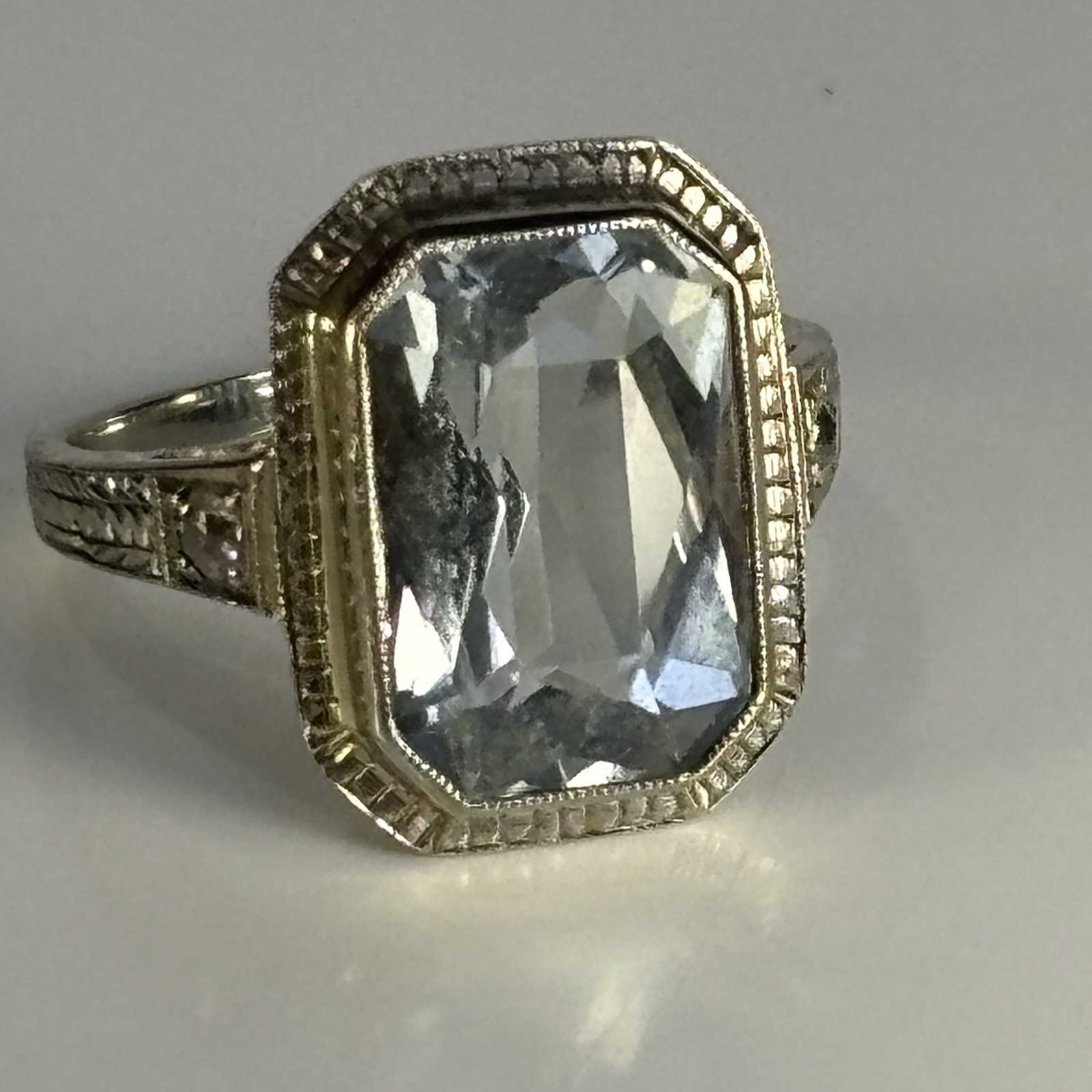 Vintage 14k White Gold Aquamarine Ring Art Deco Style Emerald Cut Estate