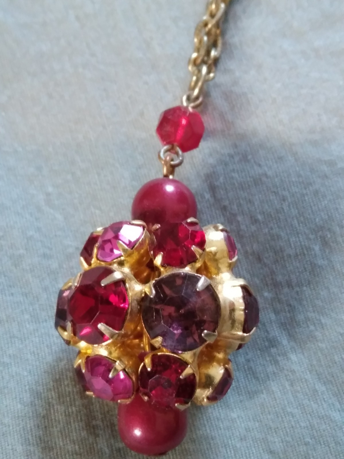 Vintage Pink Red Purple Rhinestone Pendant Necklace.