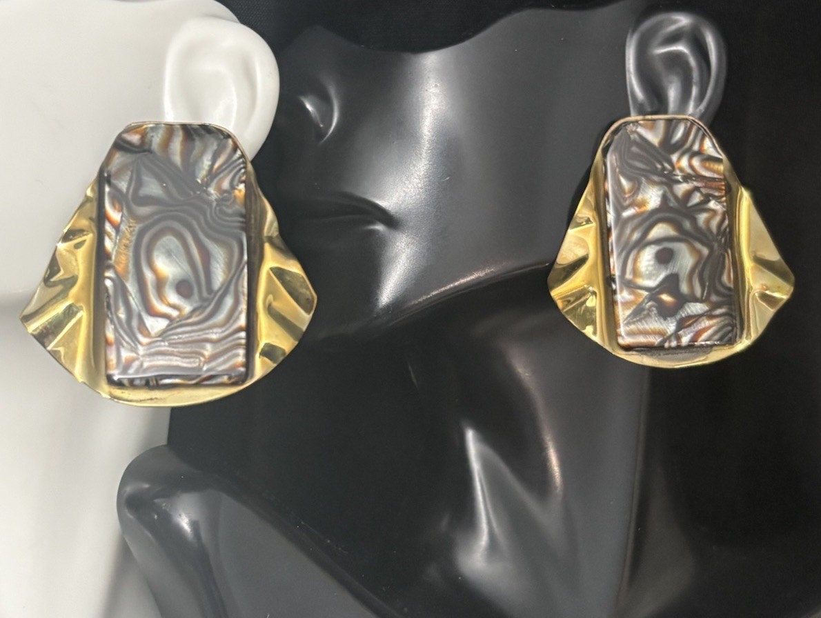 Modernist Brooch Earrings Set Brutalist Bold Studio Artist marble Swirl Signed