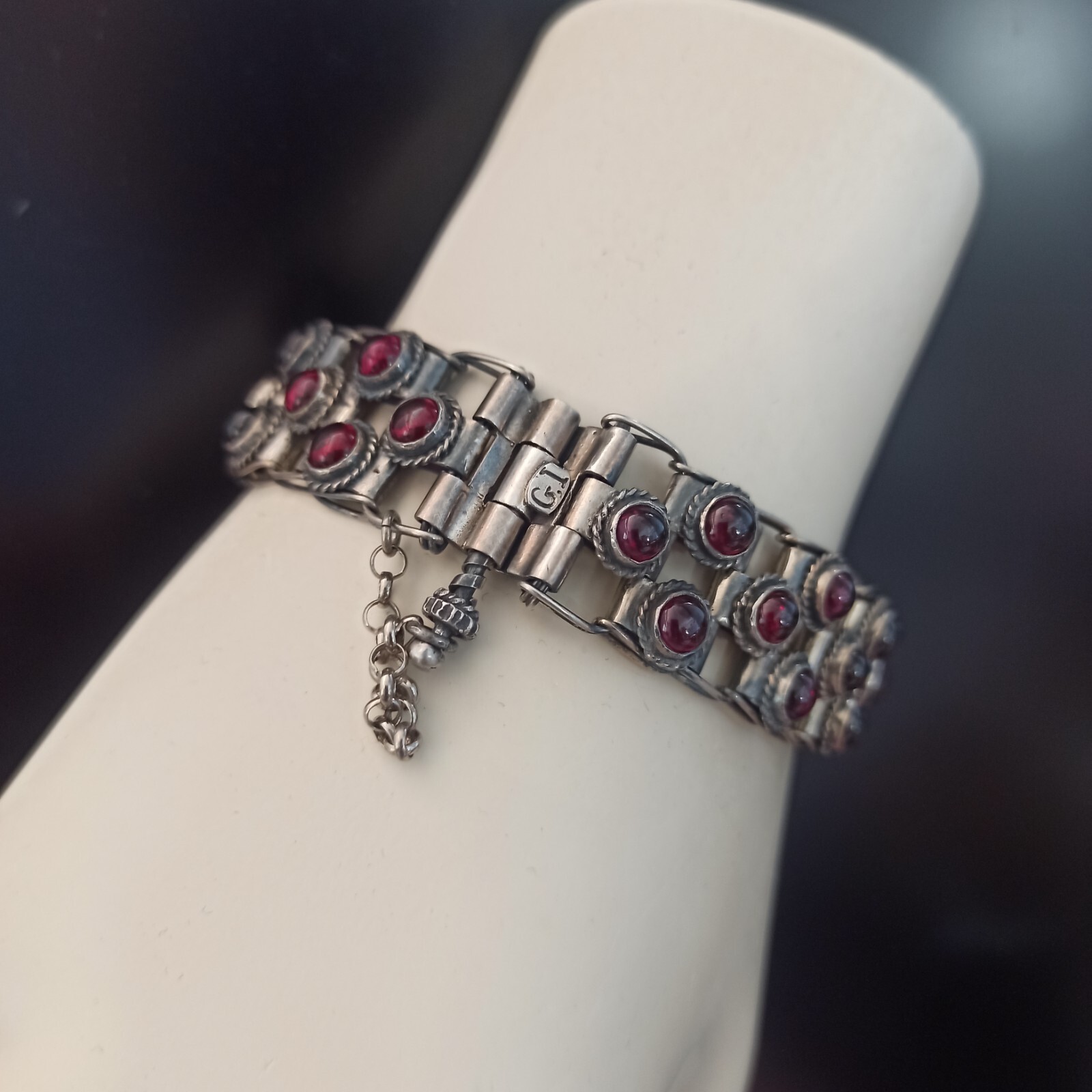 Vintage Garnet Bracelet 925 Silver Wide Statement Artisan GI OOAK Ethnic Boho