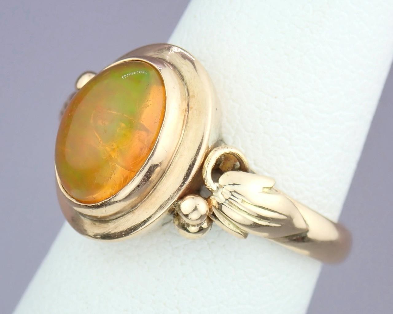 Glowing Antique Victorian Solid 14K Rose Gold Ethiopian Opal Grape Vine Ring S 5