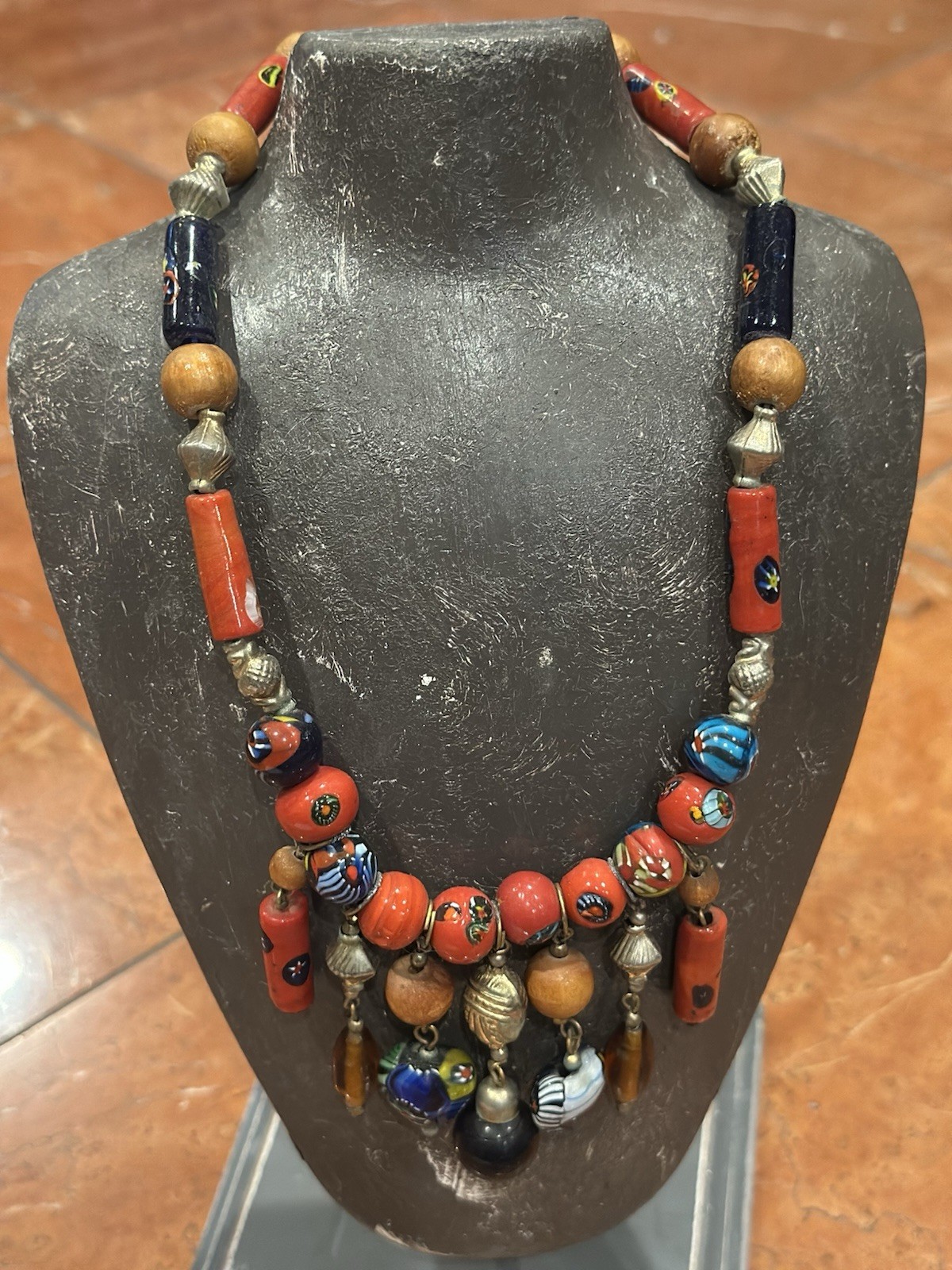 MOROCCAN BERBER CERAMIC WOOD GLASS STAR FLORAL DANGLING BEADS 19″ NECKLACE EUC