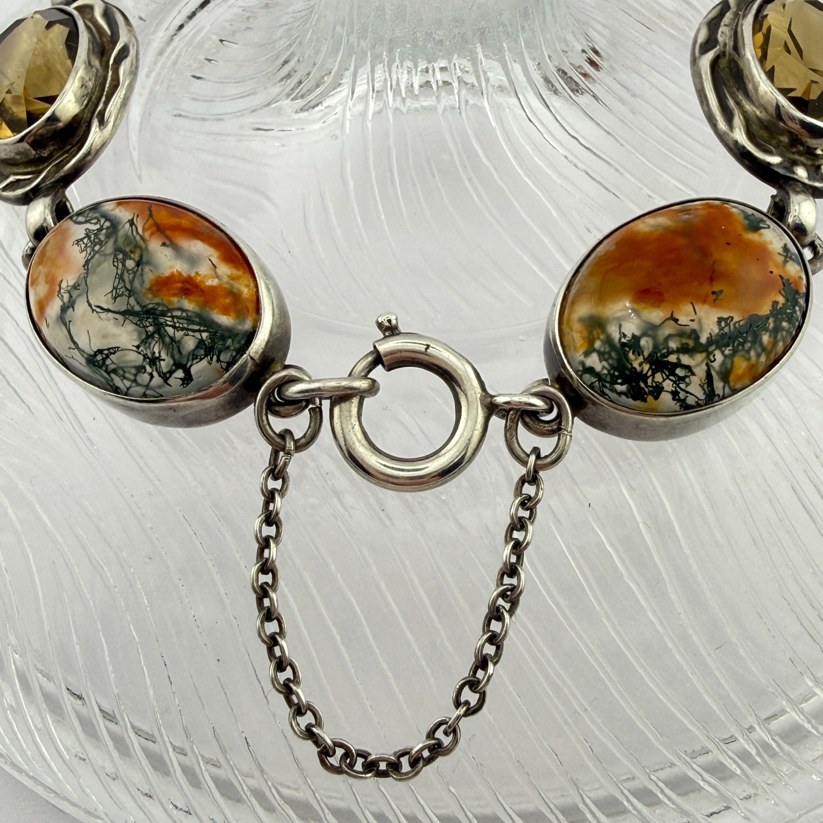 Stunning Vintage Scottish Sterling Silver Moss Agate &Faceted Cairngorm Bracelet