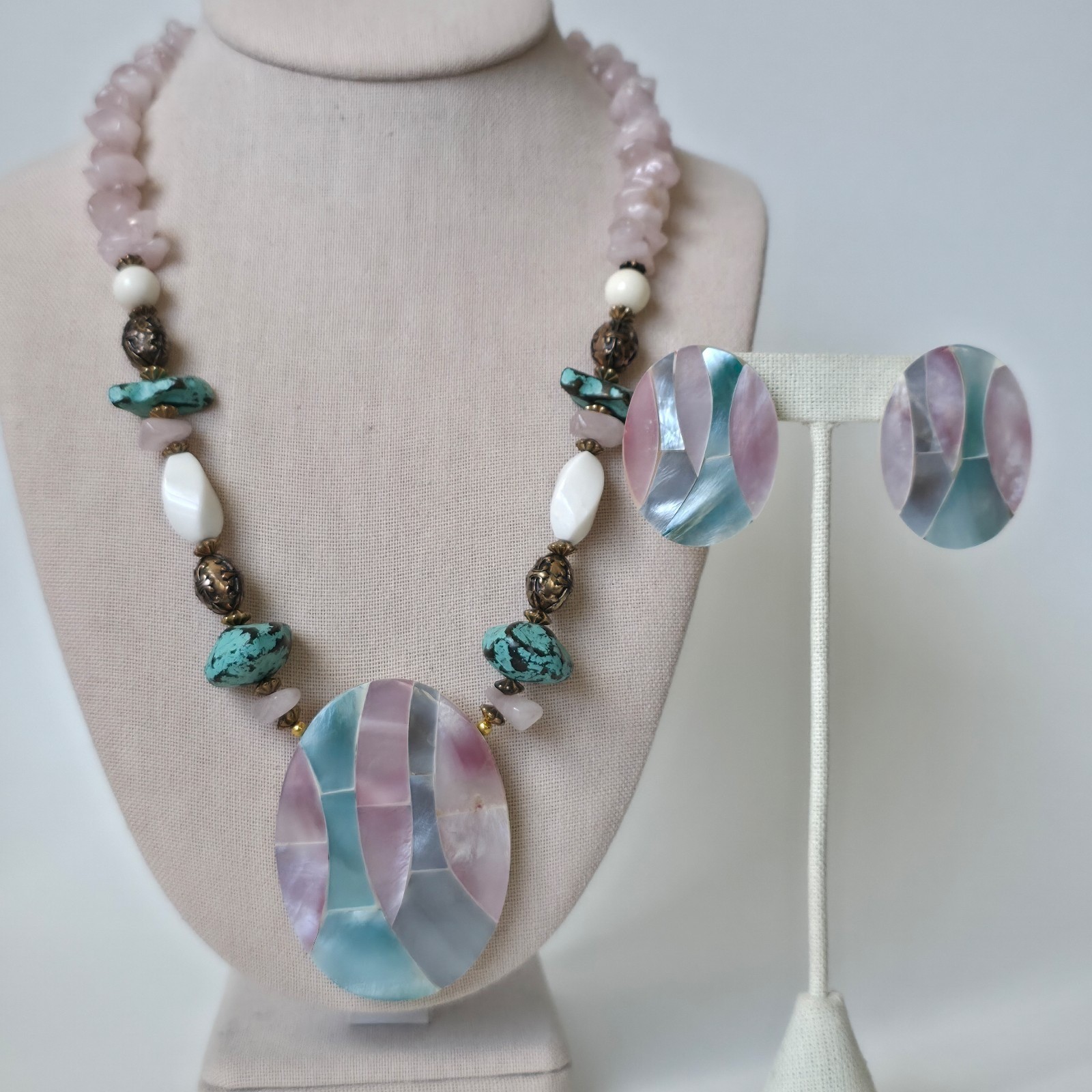 Vintage Necklace Earrings Set Acrylic Mosaic Shell Rose Quartz Howlite