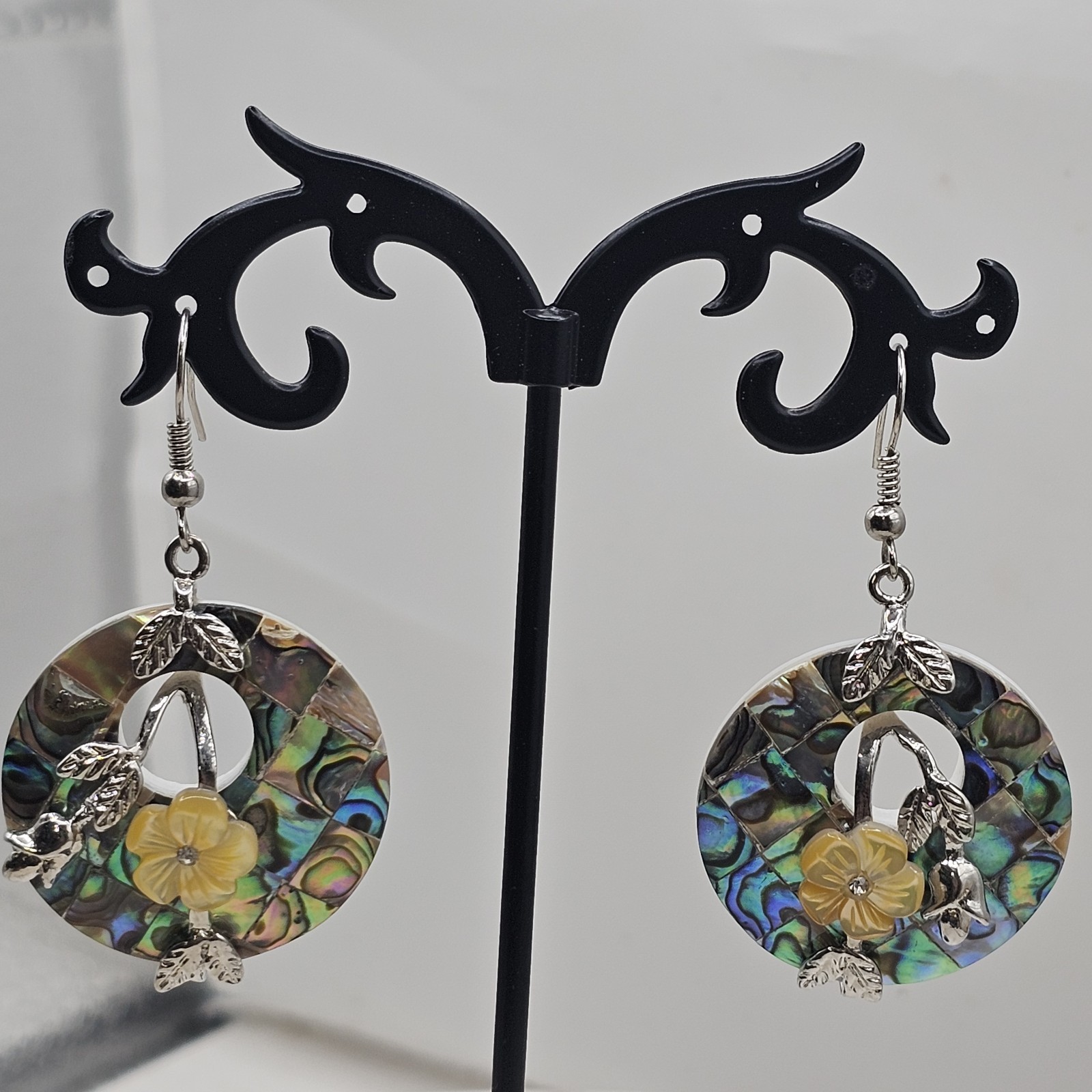 Vintage Abalone Mosaic Mother Of Pearl Floral Dangle Earrings Paua Shell Inlaid