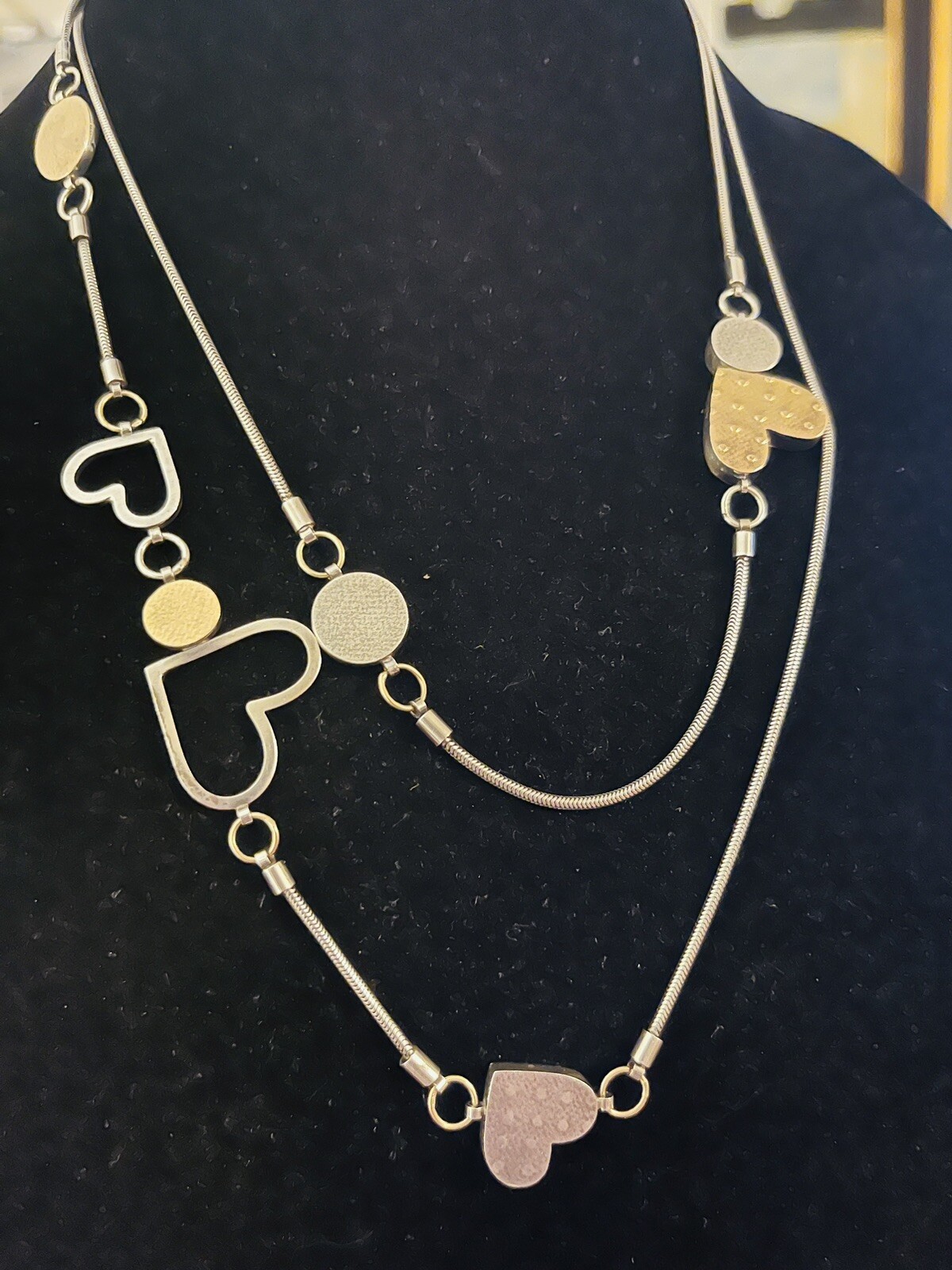 Vtg Estate Mid Century Modernist Textured Sterling Gold Hearts Station Necklace