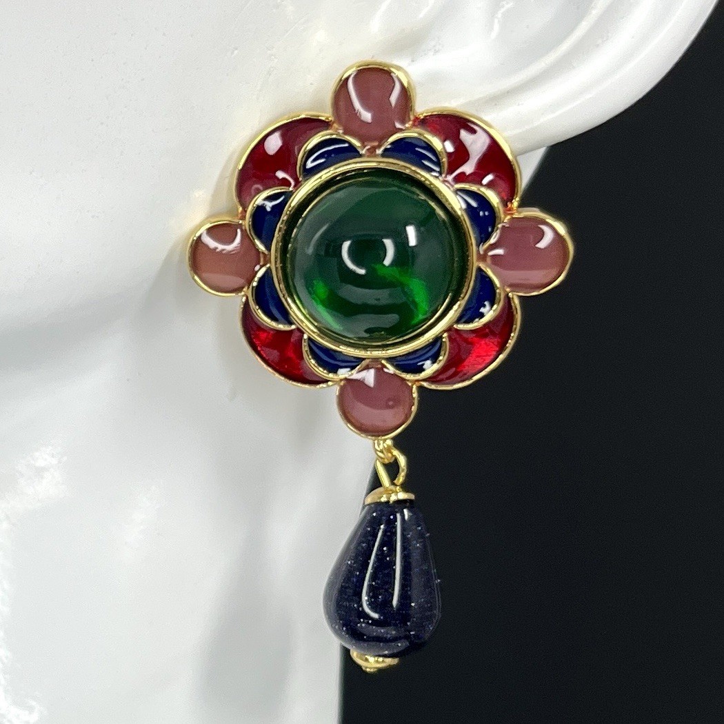 Gripoix Style Flower Earrings Enamel Glass Green Pink Gold Tone Cabochon Pierced