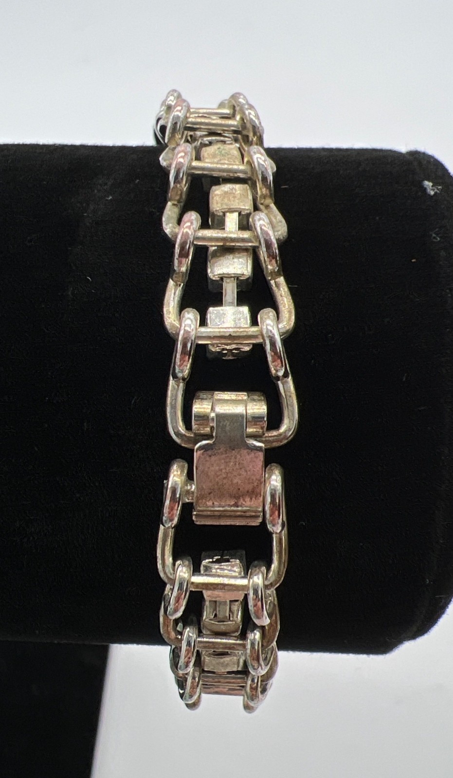 Vintage Silver-Tone Bracelet With Clear & Black Rhinestones 7 Inches Chain Link