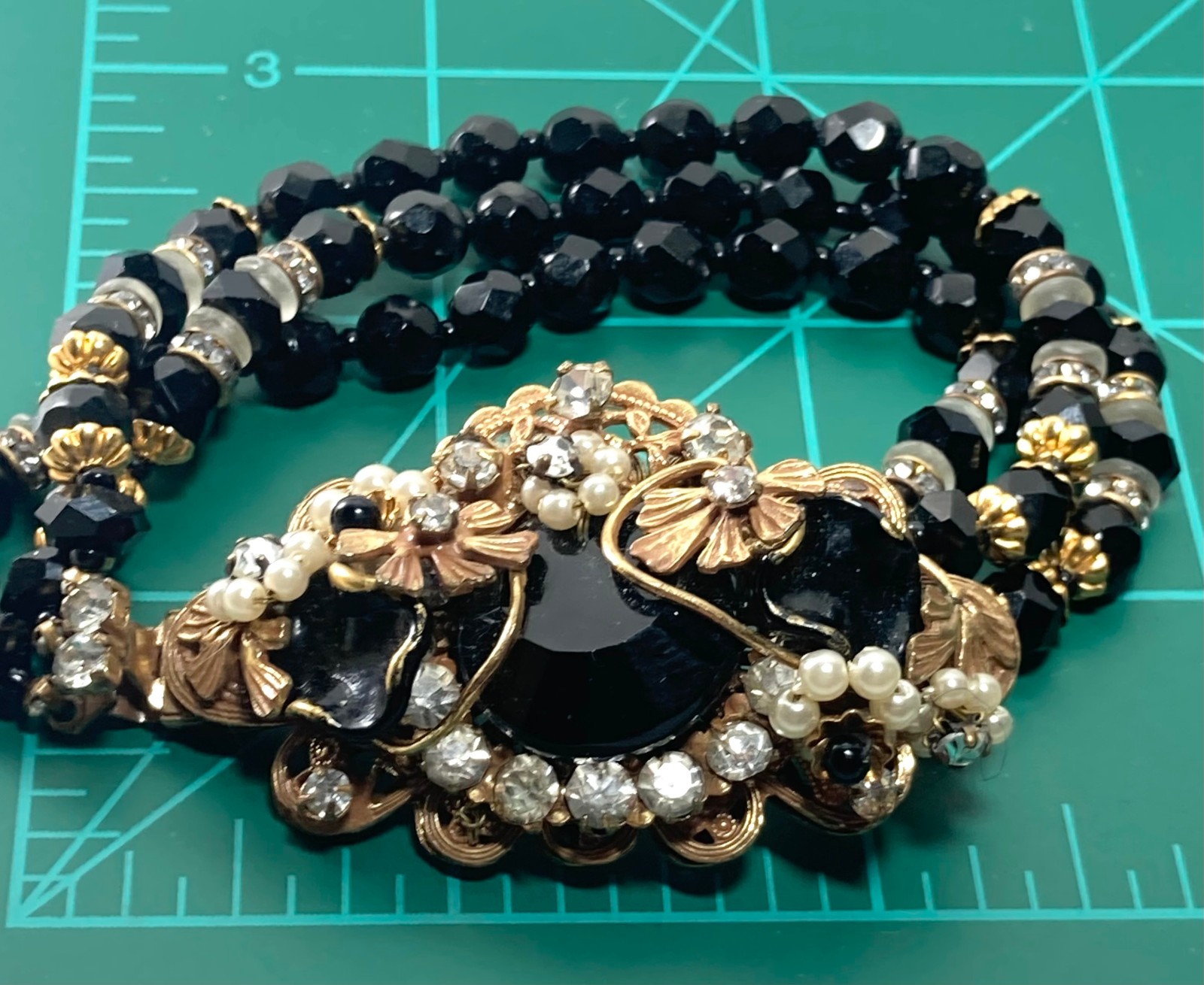 Vtg Unsigned Demario / Haskell 3 Strand Jet Black Glass Bracelet w Cluster Clasp