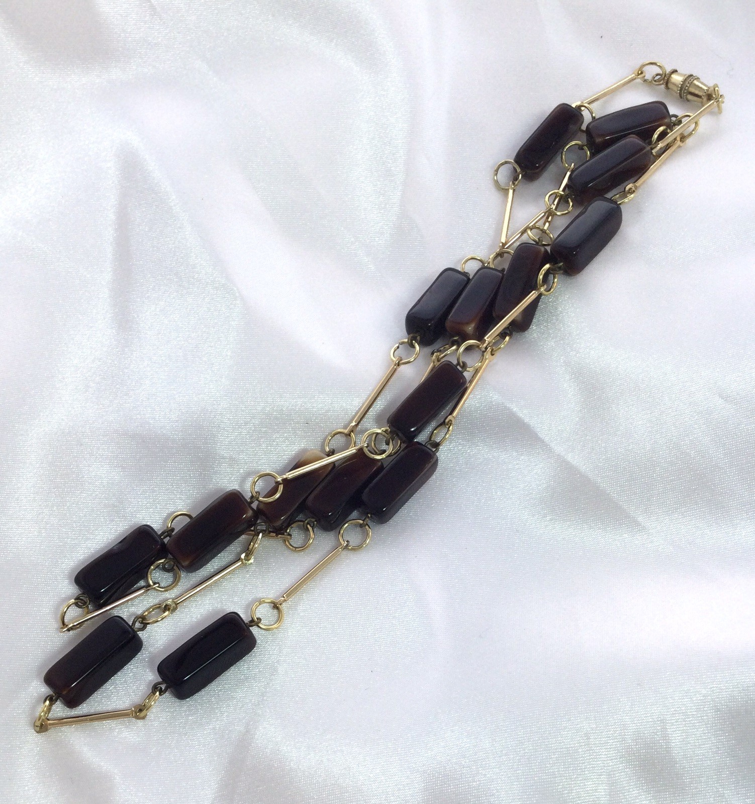 Vintage Jewellery Brown glass lozenge bead gold bar necklace Jewelry Art Deco BC
