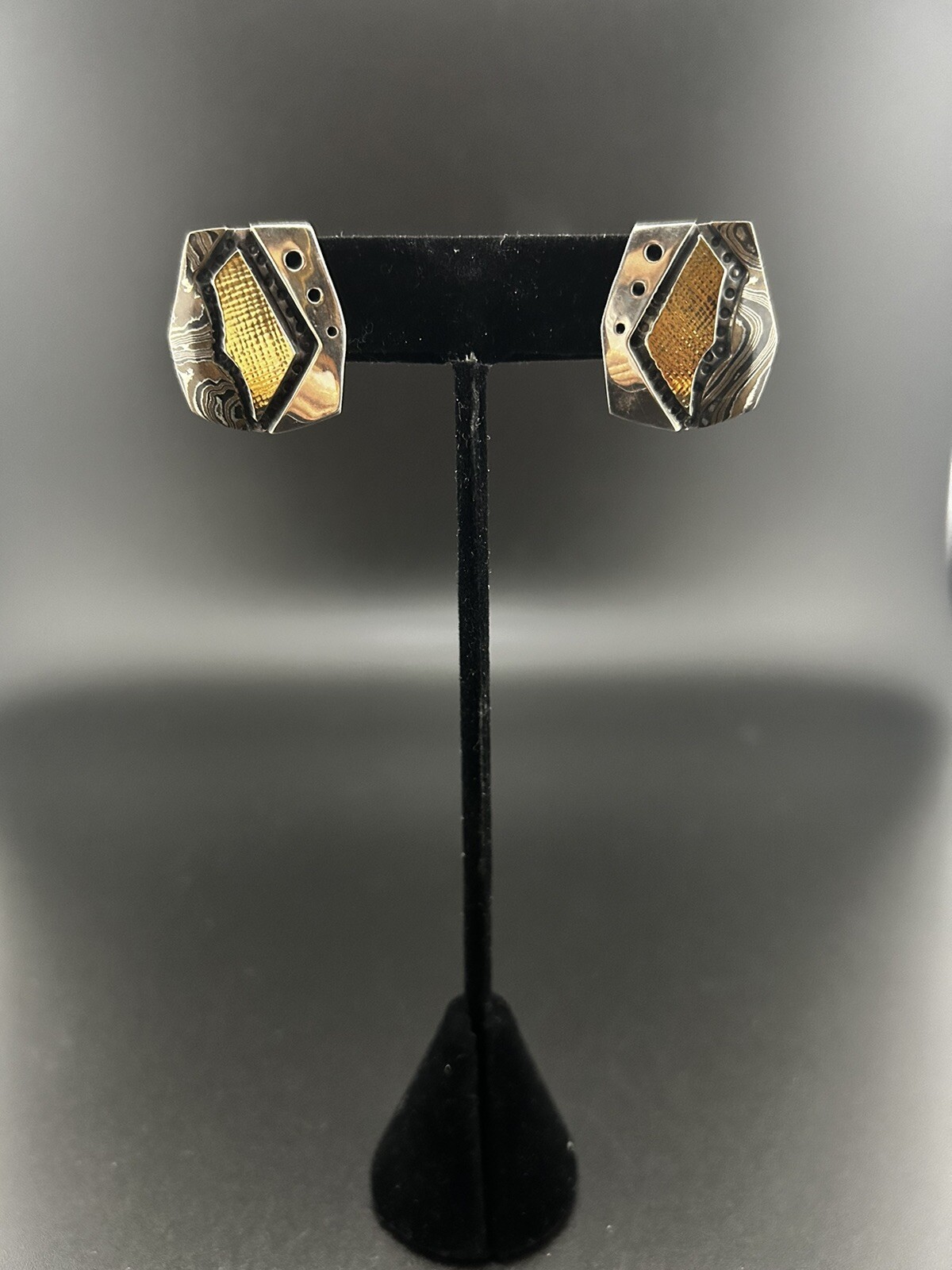 Vintage Sterling Designer Signed Geometric Mixed Metal Textured Accent Earrings