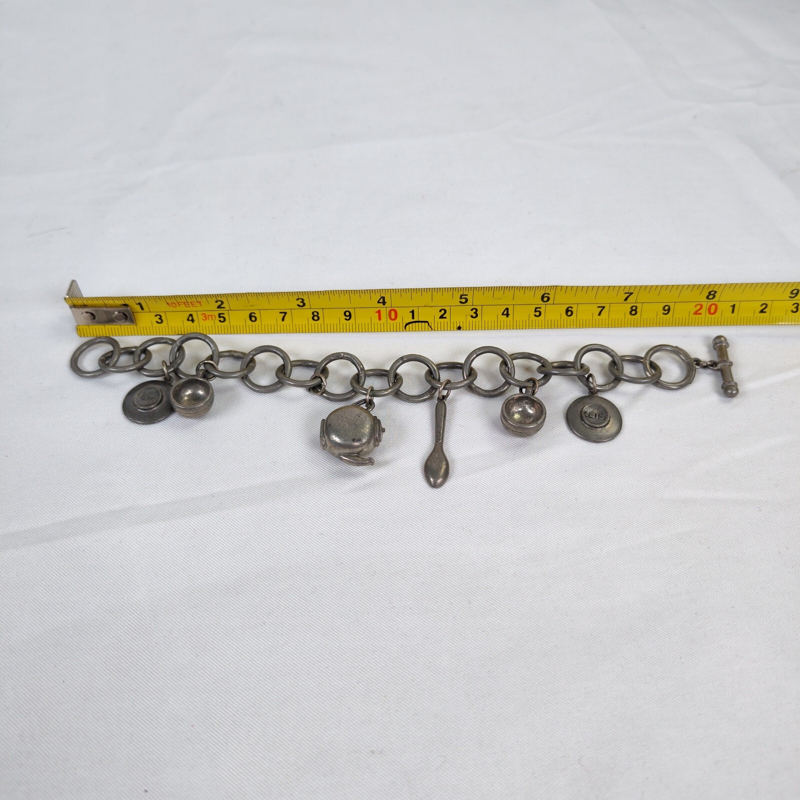 Jim Clift Pewter Tea Pot Charm Bracelet and Earrings Set Toggle Clasp