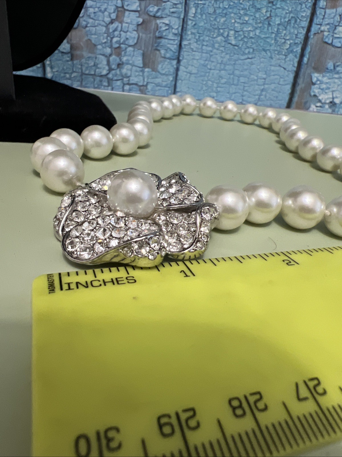 Vintage Signed KJL Large Pearl Necklace Choker With Rhinestone Flower Rose Clasp