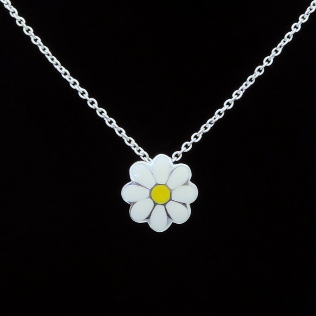 Vintage Kit Heath Sterling Silver Enamel Daisy Flower Pendant Kid’s 14″ Necklace