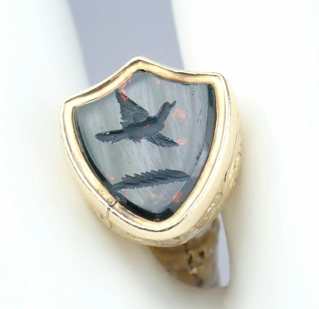 Fab Antique Georgian 9K Gold Bloodstone Floral Bird Pigeon Intaglio Seal Pendant