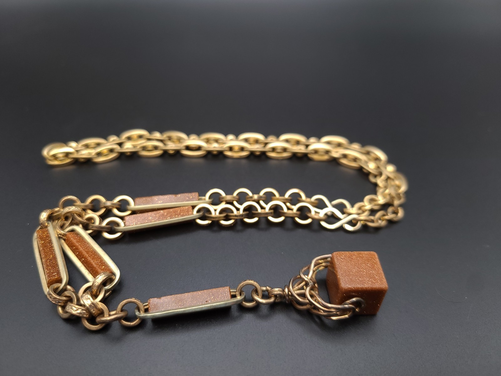 Antique Victorian Goldstone Gold Filled Heavy Chunky Cube Pendant Necklace 27″
