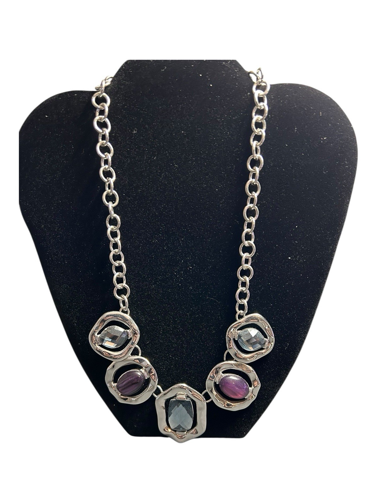 Chico’s Bold Silver Necklace Mixed Gemstones Purple Blue Gray Beaded 17–21”