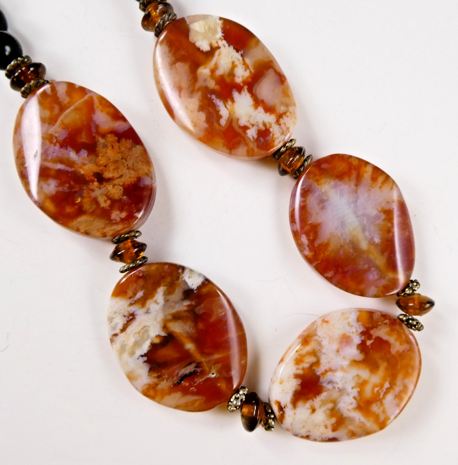 Brown Marbled Agate Stone Necklace Earthtones Black Beads 19″ Length