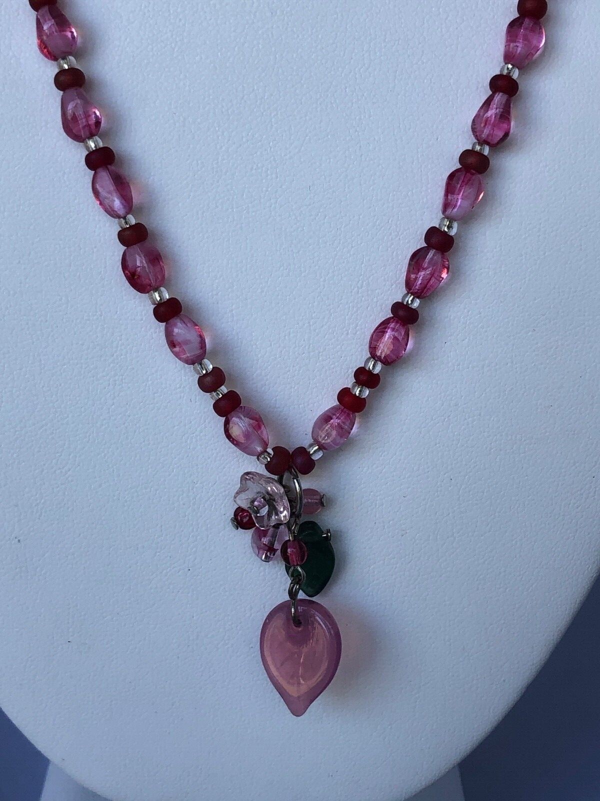 Beautiful, Delicate Pink Czech Glass Necklace with Hearts-and-Flowers Pendant