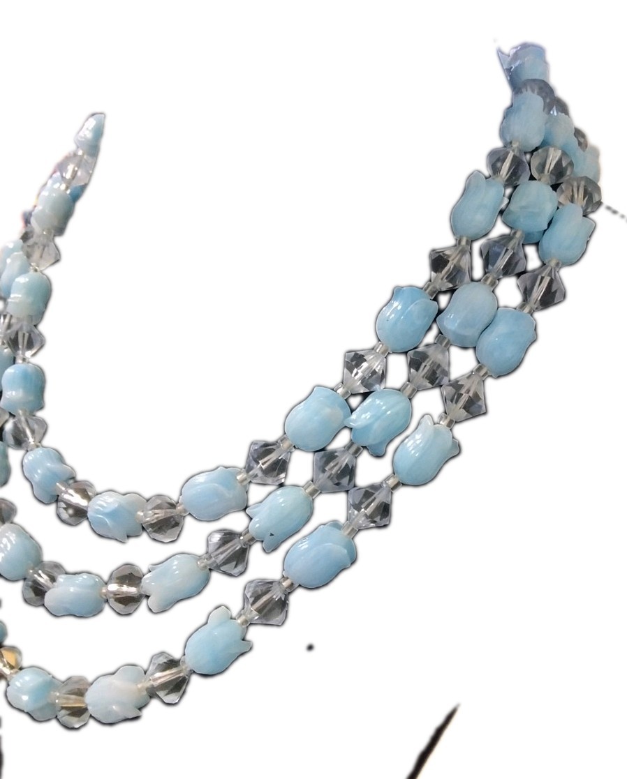 Vintage Japan Multi-Strand Beaded Necklace Blue Glass Gray Sim Crystal 18in Hook