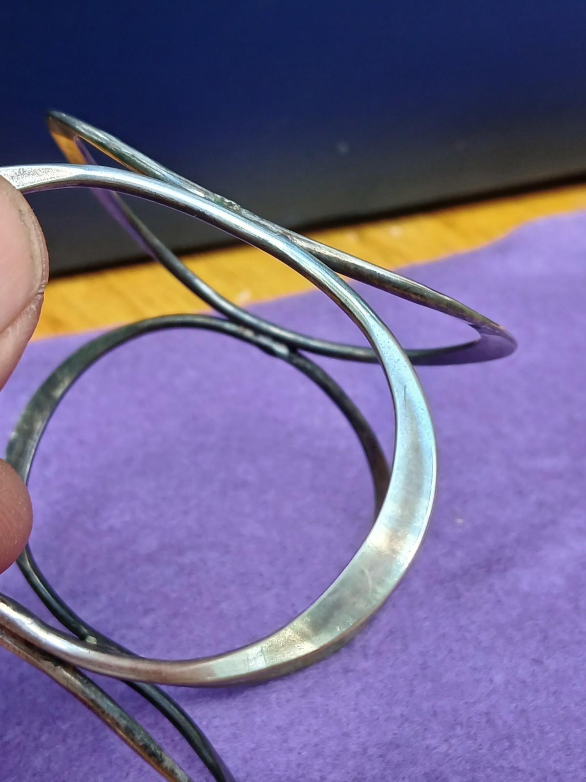 Vintage Geometric Ovals Sterling Silver Bangle Bracelet Modernist Design Art