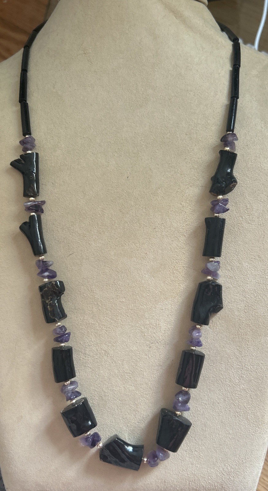 Vintage estate Hawaiian black coral Amythest 28”necklace Genuine & Rare Piece