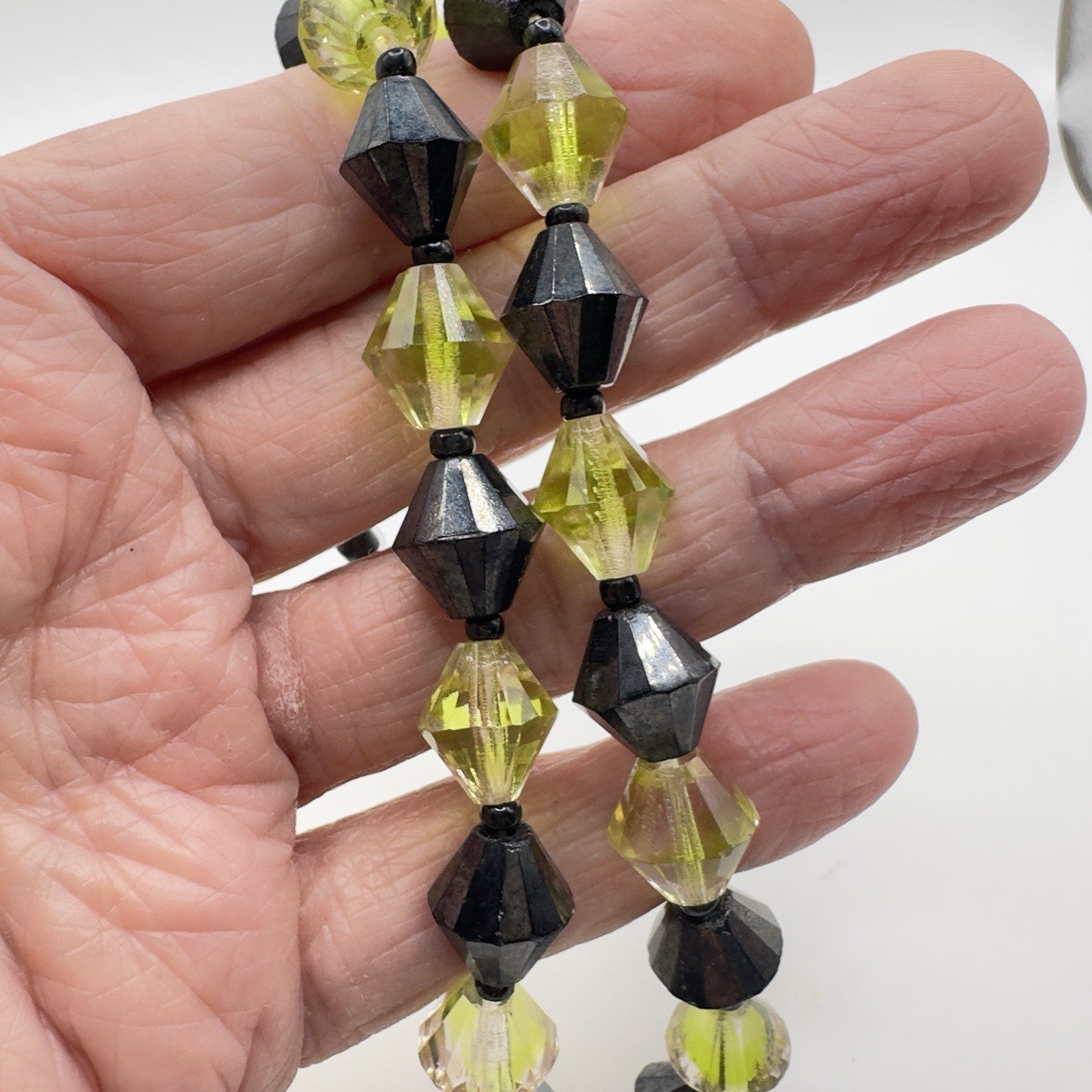 Vintage West Germany Necklace Black & Chartreuse Bicone Glass Bead Choker 15”