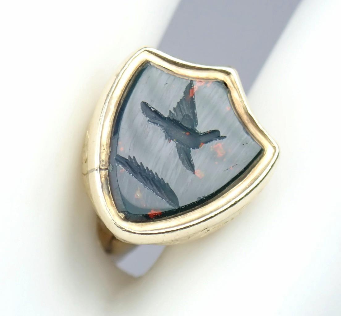 Fab Antique Georgian 9K Gold Bloodstone Floral Bird Pigeon Intaglio Seal Pendant