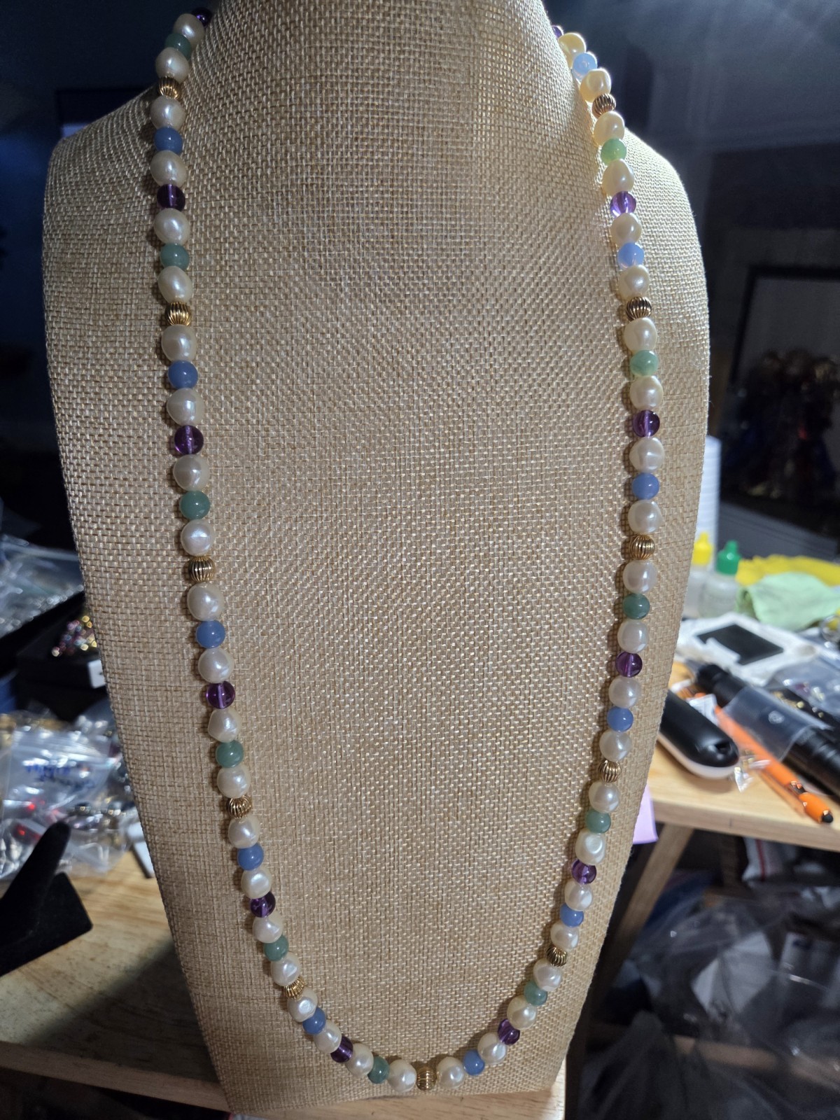 34″ Opera Faux Pearl Blue Green Purple Bead Gold Tone Necklace Barrel Clasp