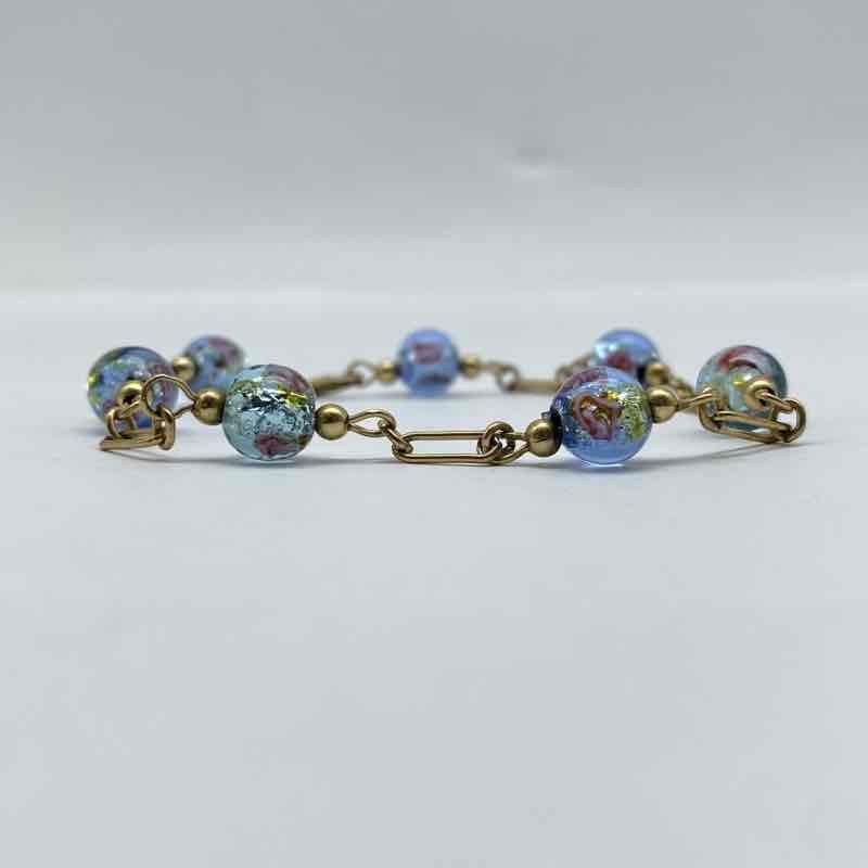 Vintage Gold Filled Murano Foil Glass Bead Bracelet & Hoop Earring Set 8.5″