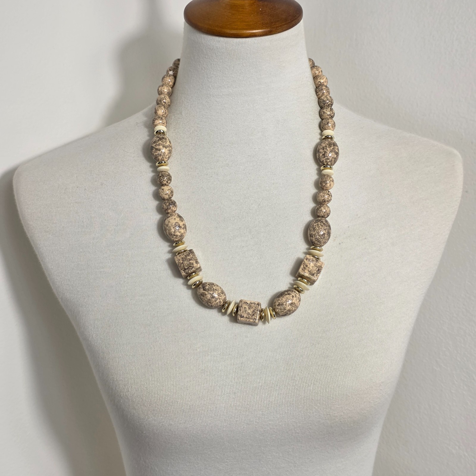 Beaded Statement Necklace Square & Round Beads Flat Gold & White Spacers