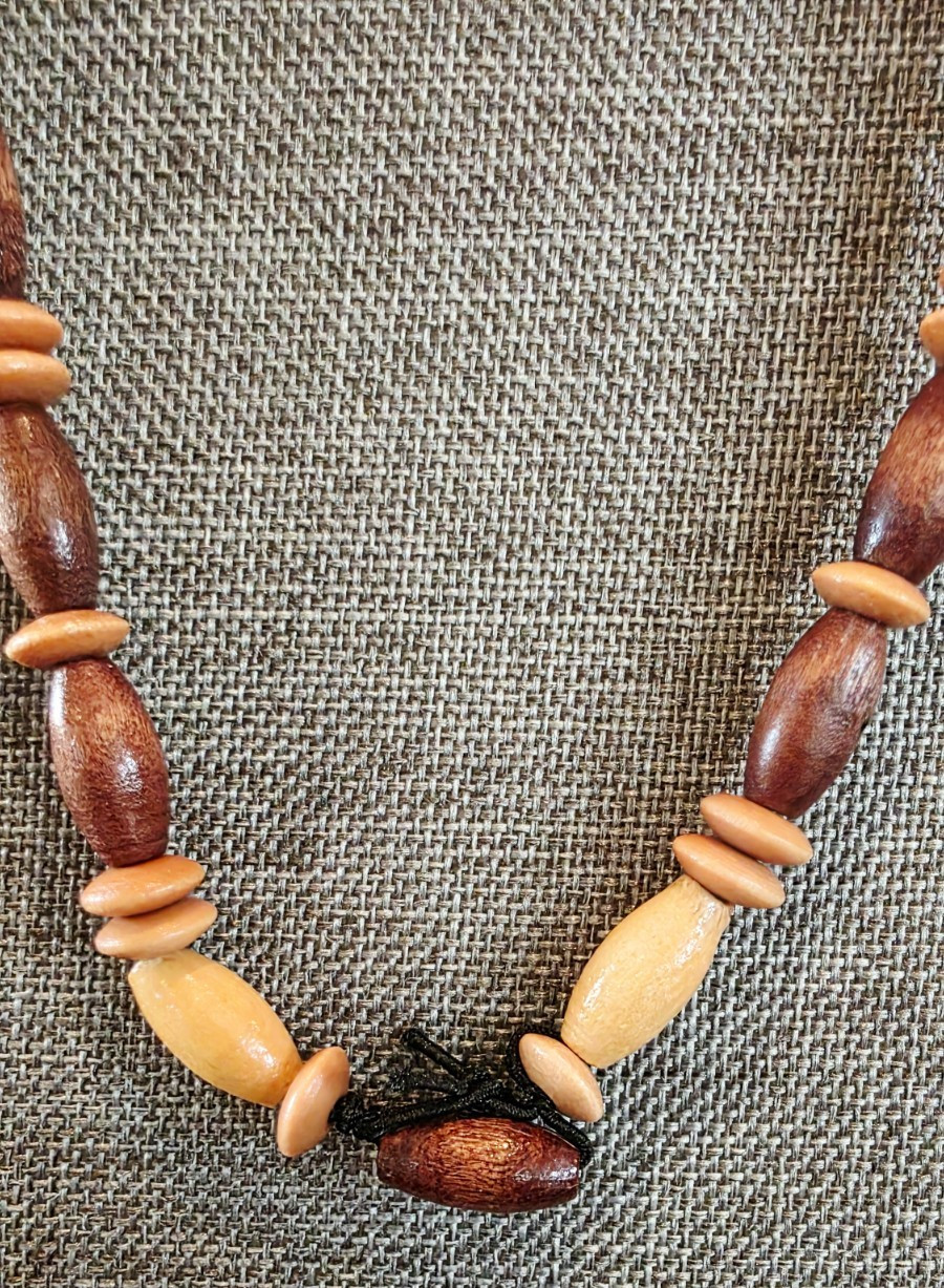 Vintage Handmade Earthy Boho Design Wood Wooden Bead Teardrop Pendant Necklace