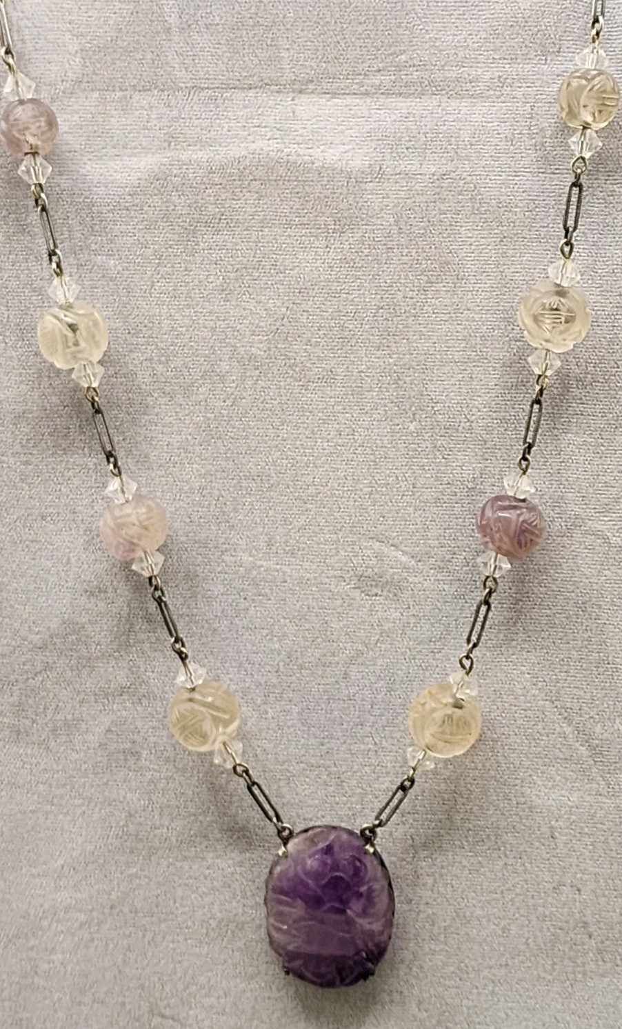 Antique Art Deco Chinese Carved Purple Amethyst Bead Necklace w/Carved Pendant