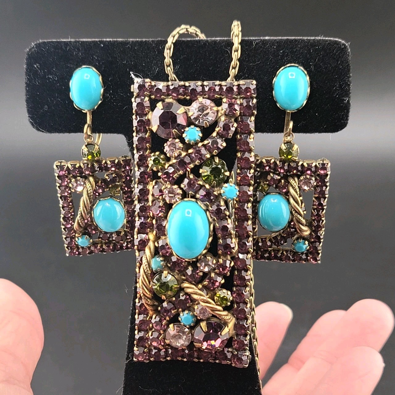 Vtg 3 pc Set Brooch Pendant Earrings Purple Rhinestones Blue Cabochons Jewelry