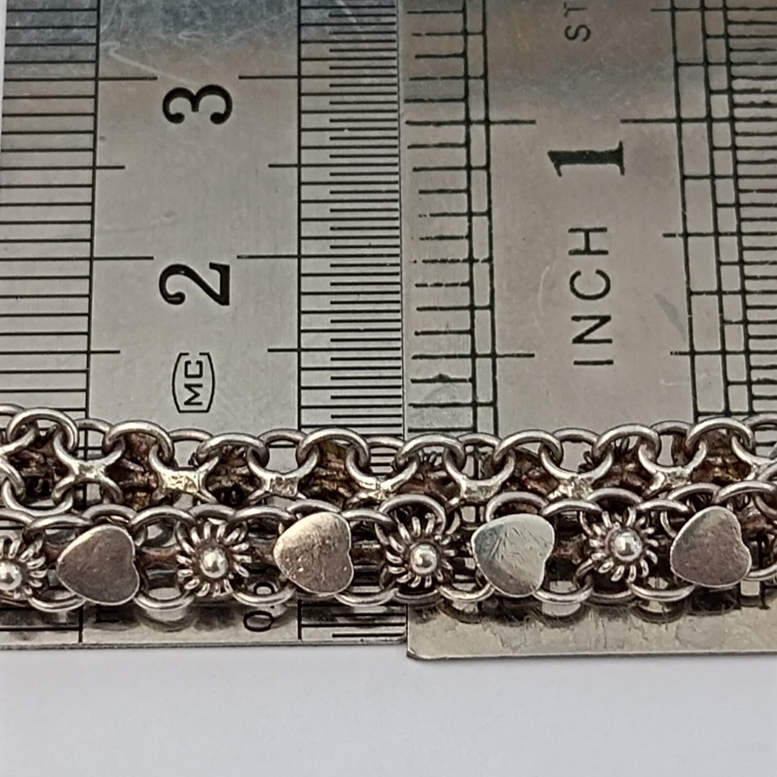 Vintage Silver Bracelet Ethnic Hearts Flowers Dainty Granulated Link Sterling