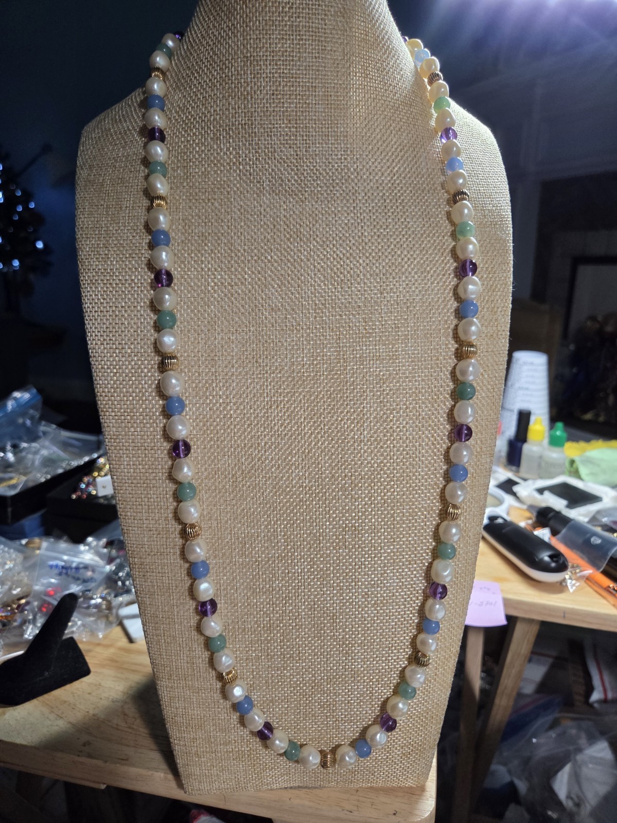 34″ Opera Faux Pearl Blue Green Purple Bead Gold Tone Necklace Barrel Clasp